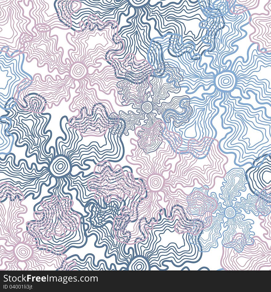 Floral seamless pattern in blue and rose tones with hand drawn elements. Vector illustration