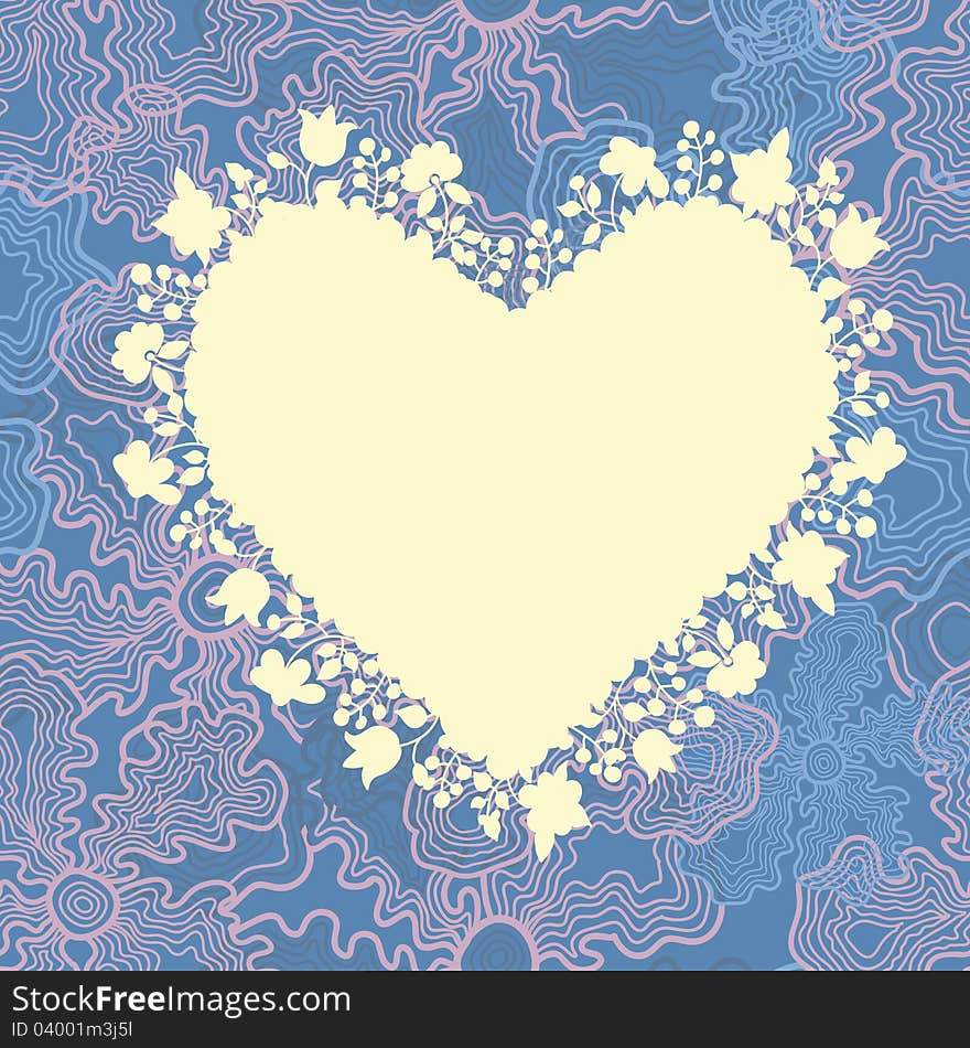 Romantic greeting card in the form of heart with flowers. Vector illustration