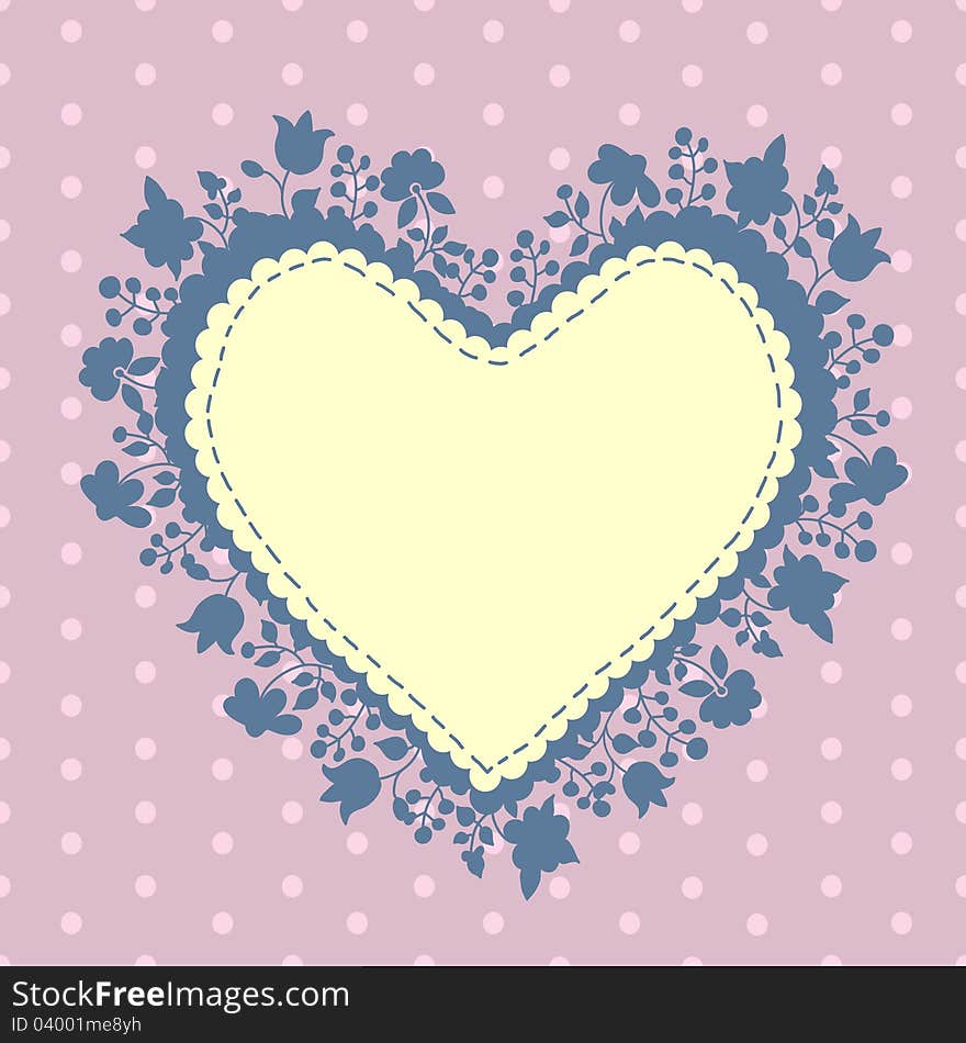 Romantic greeting card in the form of heart. Made in a style reminiscent of textile applique. Vector illustration