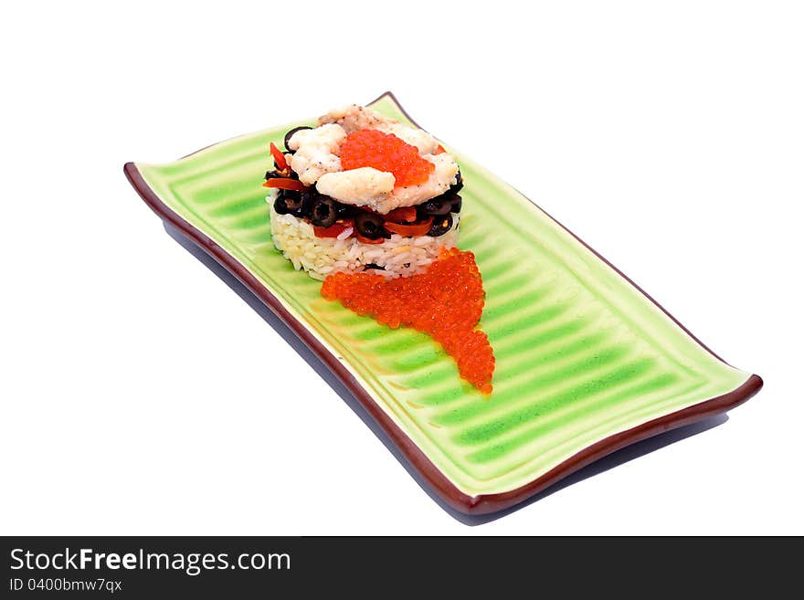 Fashion seafood with rice olives and red caviar isolated on whiteion seafood