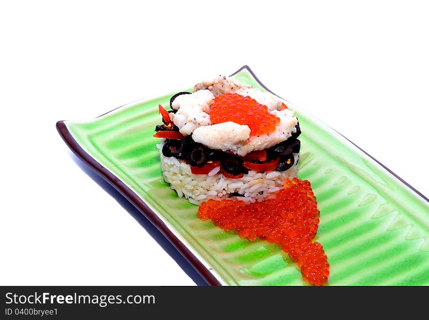 Fashion seafood with rice olives and red caviar isolated on white