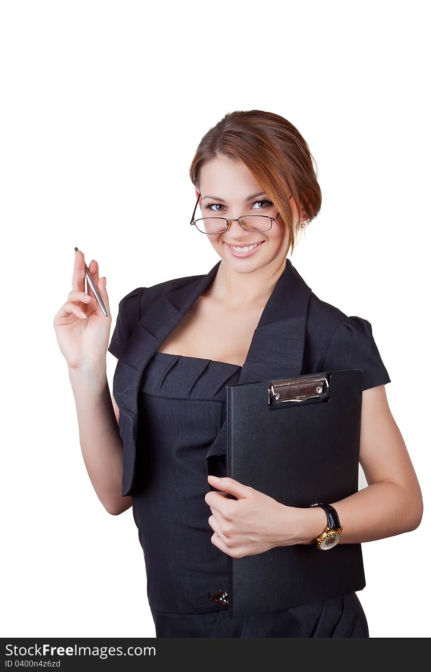 Beautiful business woman with a pen and clipboard, isolated on white background