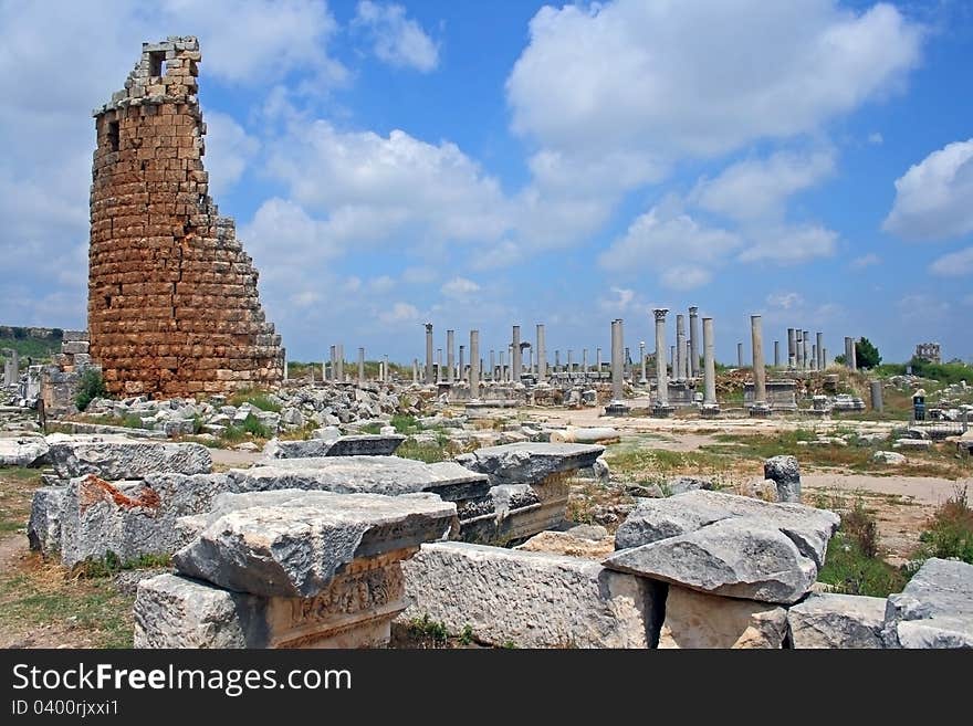 Remains of an ancient Roman city. Perge, Antalya, Turkey.