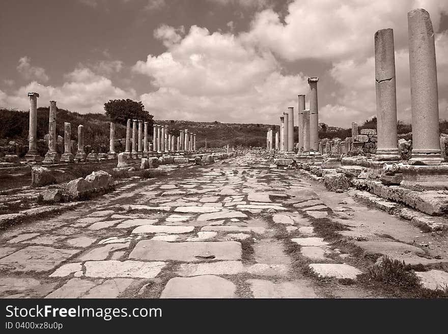 Perge, Antalya, Turkey. Remains of an ancient Roman city. B&W. The file allows color processing.