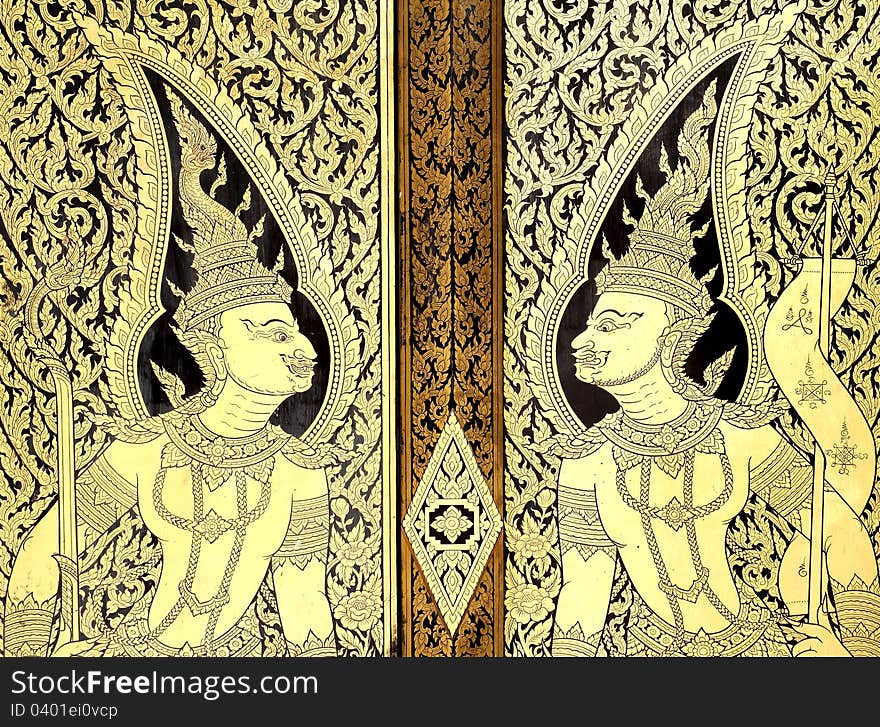 Traditional Thai style painting art, gold area coated, painted on door.