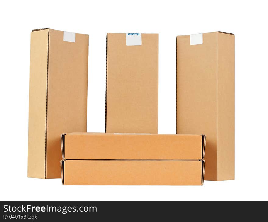 Cartons five pieces. Isolated on white background. On white background without shadows. Cartons five pieces. Isolated on white background. On white background without shadows.