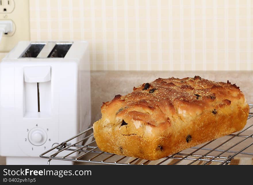 Baked raisin bread on a cooling rack