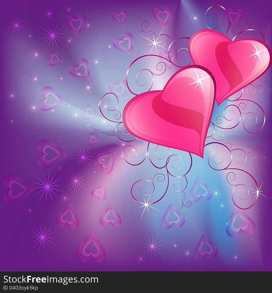 Colorful background with two hearts and decorations for Valentine's Day and life events . There is place for text. Colorful background with two hearts and decorations for Valentine's Day and life events . There is place for text.
