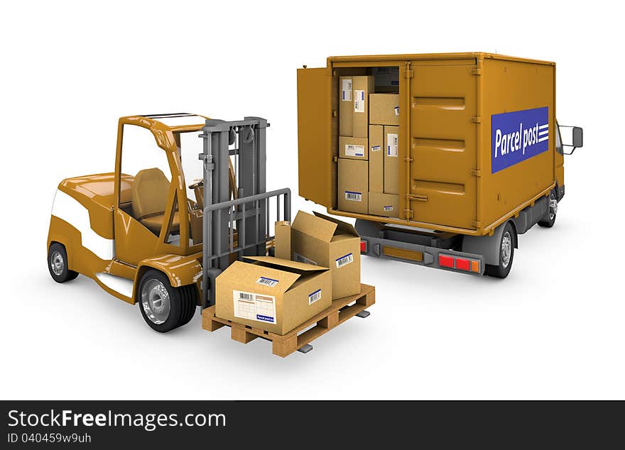 Loader and a minivan carrying a parcel on a white background with clipping path.