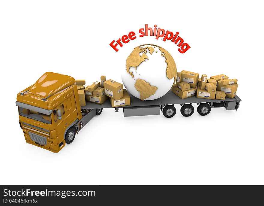 Truck transportation parcels and the planet Earth textured cardboard with the words Free Shipping on a white background with clipping path.