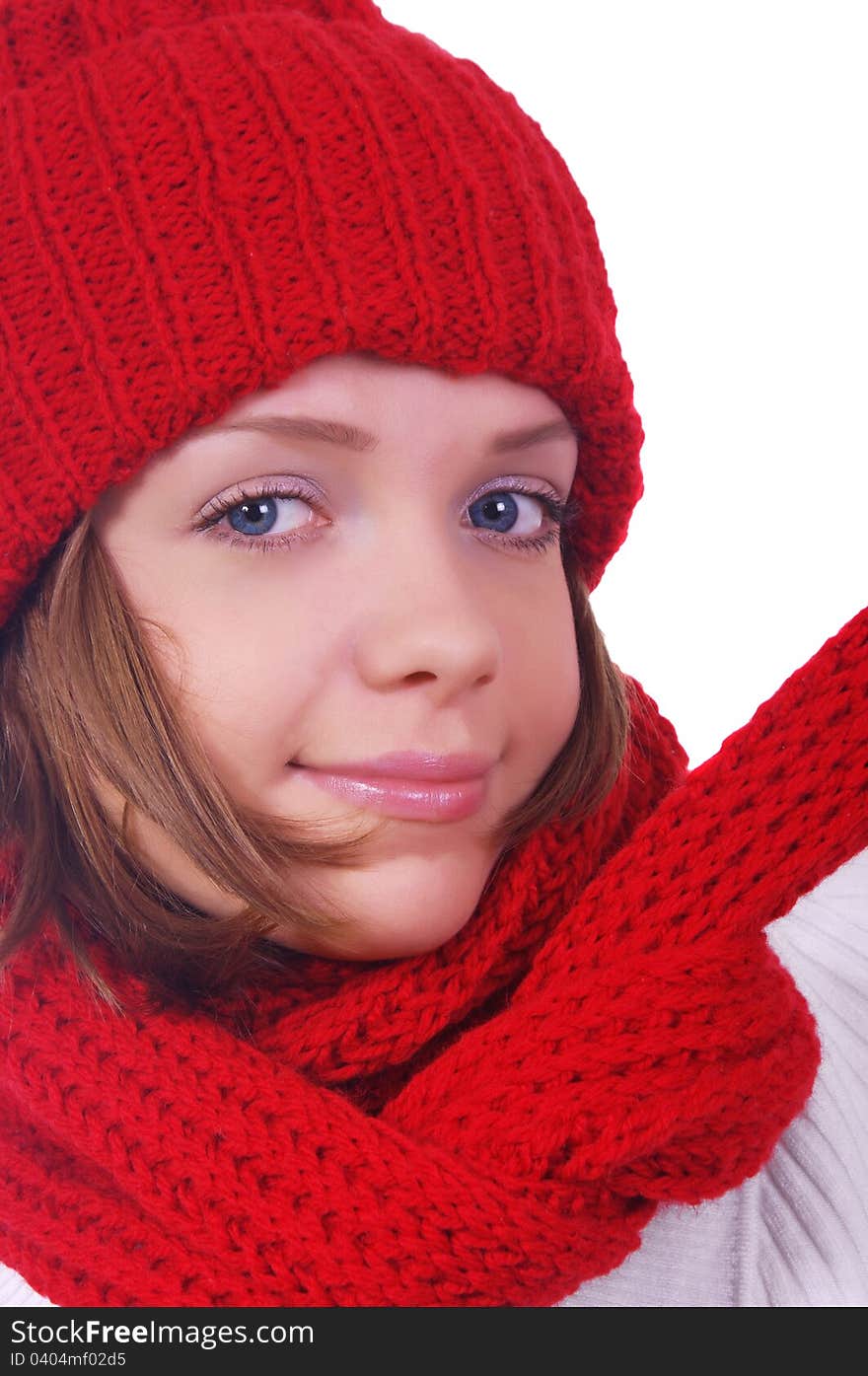 Girl with hat and scarf over white