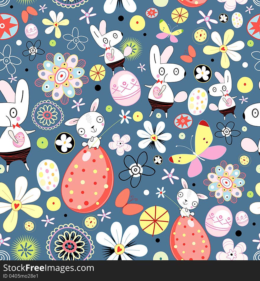 Seamless floral pattern of Easter rabbits and eggs on a dark blue background. Seamless floral pattern of Easter rabbits and eggs on a dark blue background