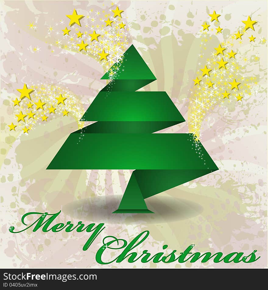 Christmas tree of origamis from a green paper on the splashed background with fireworks. Christmas tree of origamis from a green paper on the splashed background with fireworks