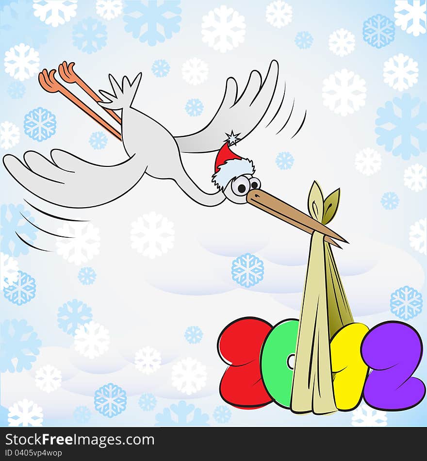 Cartoon stork in red cap brought a package with New Year. Cartoon stork in red cap brought a package with New Year