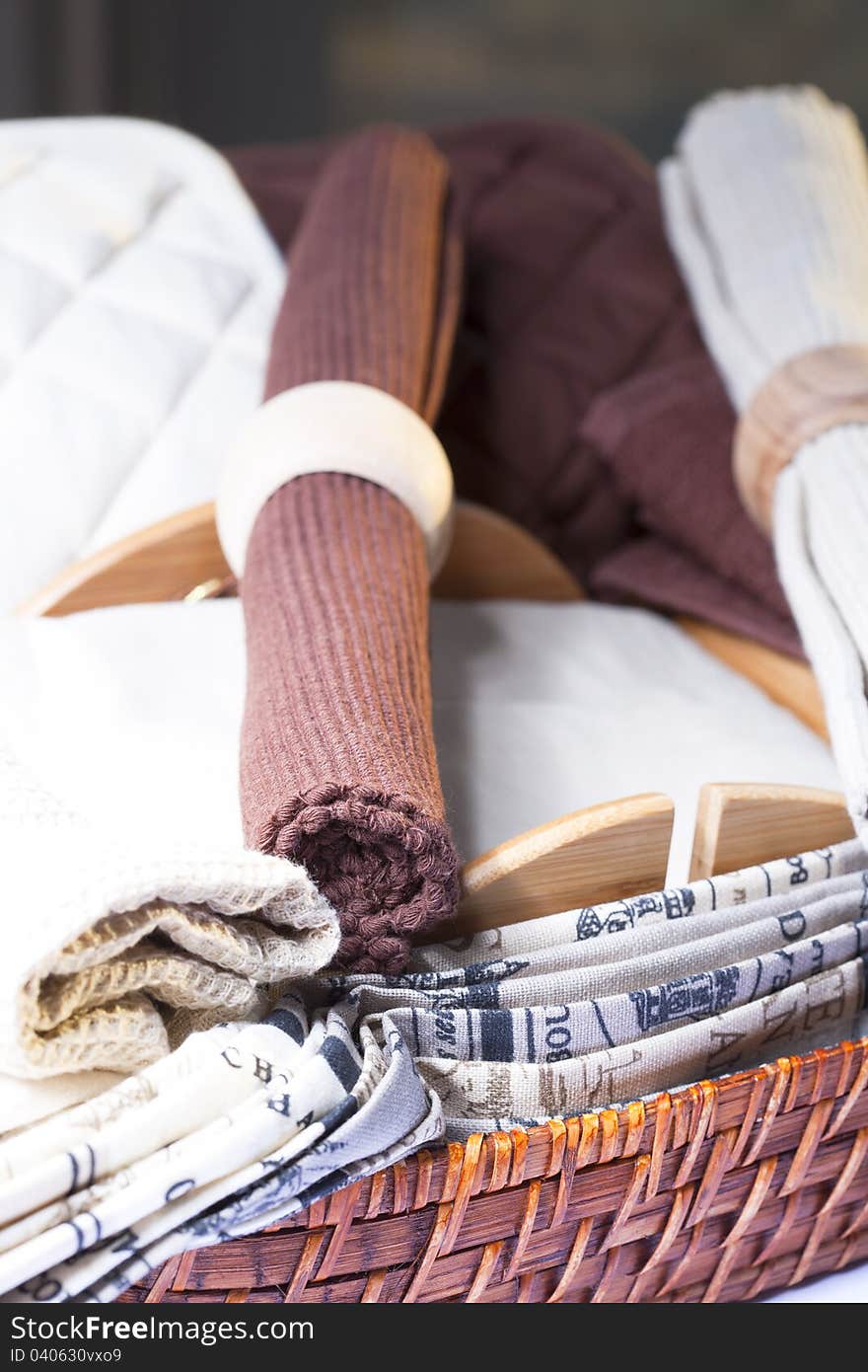 Cloth tablecloths and napkins with brown of different shades