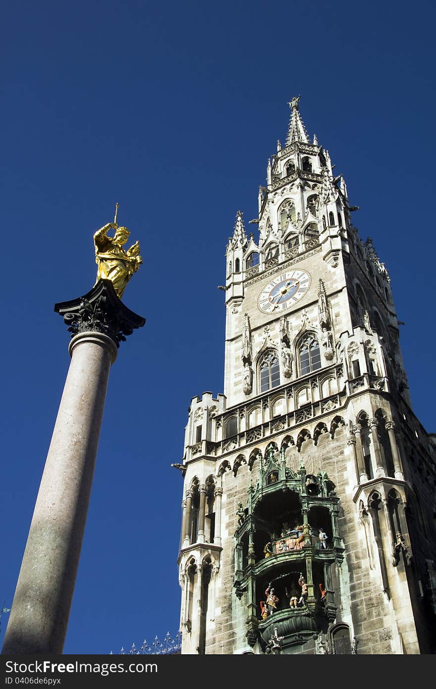 The Neues Rathaus (new city town hall) and Mariensäule (Mary's column) in Marienplatz, the main square in the Bavarian capital. The city hall has the famous Glockenspiel which attracts millions of tourists.