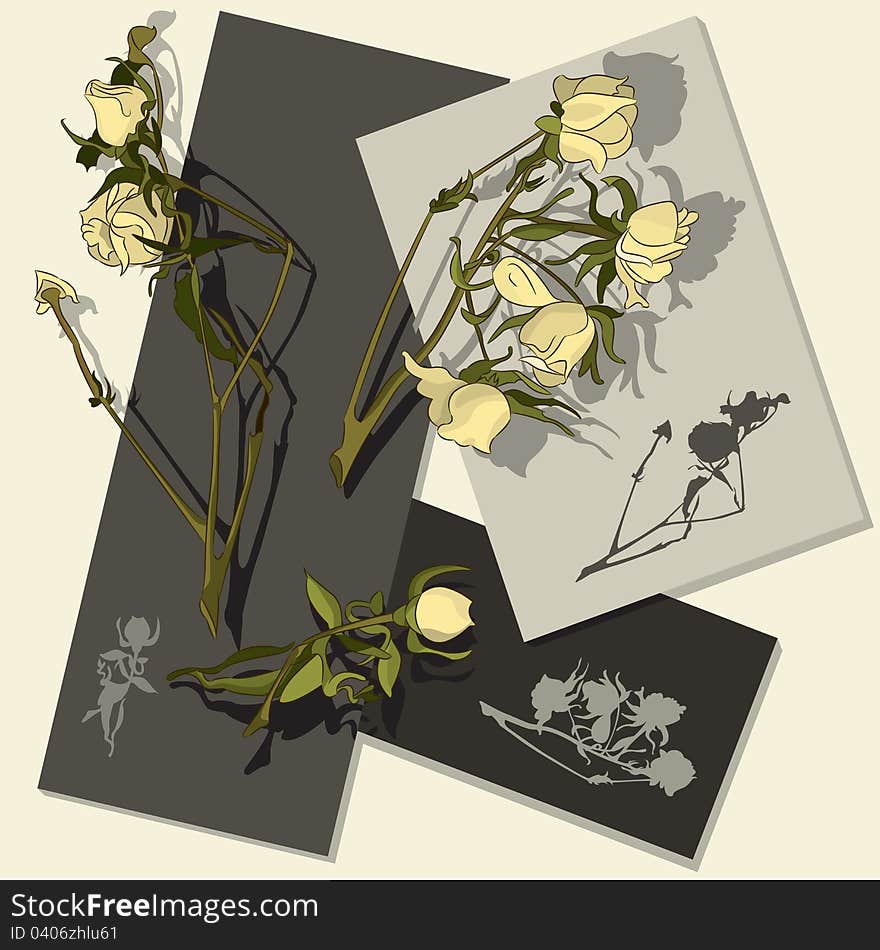 Flowers, roses and their silhouettes. The illustration is easily edited. Flowers, roses and their silhouettes. The illustration is easily edited.