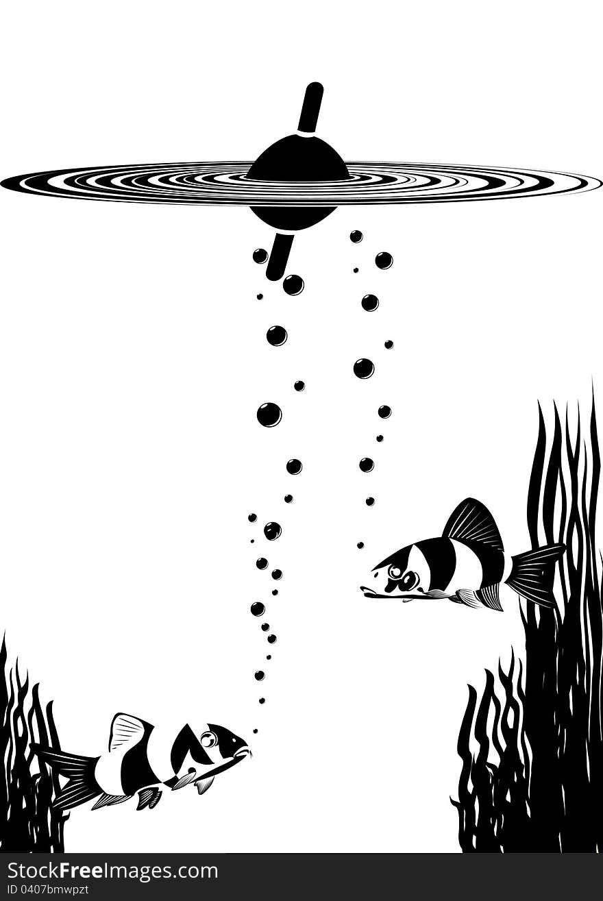 Two fish swim among the algae. Floats on the surface float, from which the variance of the wave. Black and white illustration. Two fish swim among the algae. Floats on the surface float, from which the variance of the wave. Black and white illustration.