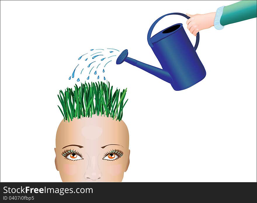 Watering can watering the grass growing out of head. Watering can watering the grass growing out of head