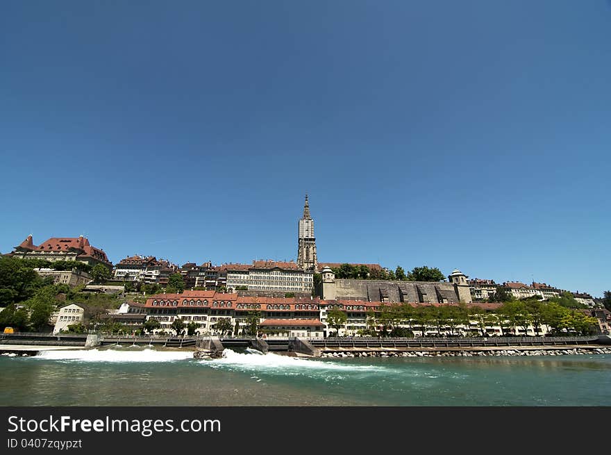 A view of the Munster Cathedral from the Aare river, Bern. A view of the Munster Cathedral from the Aare river, Bern