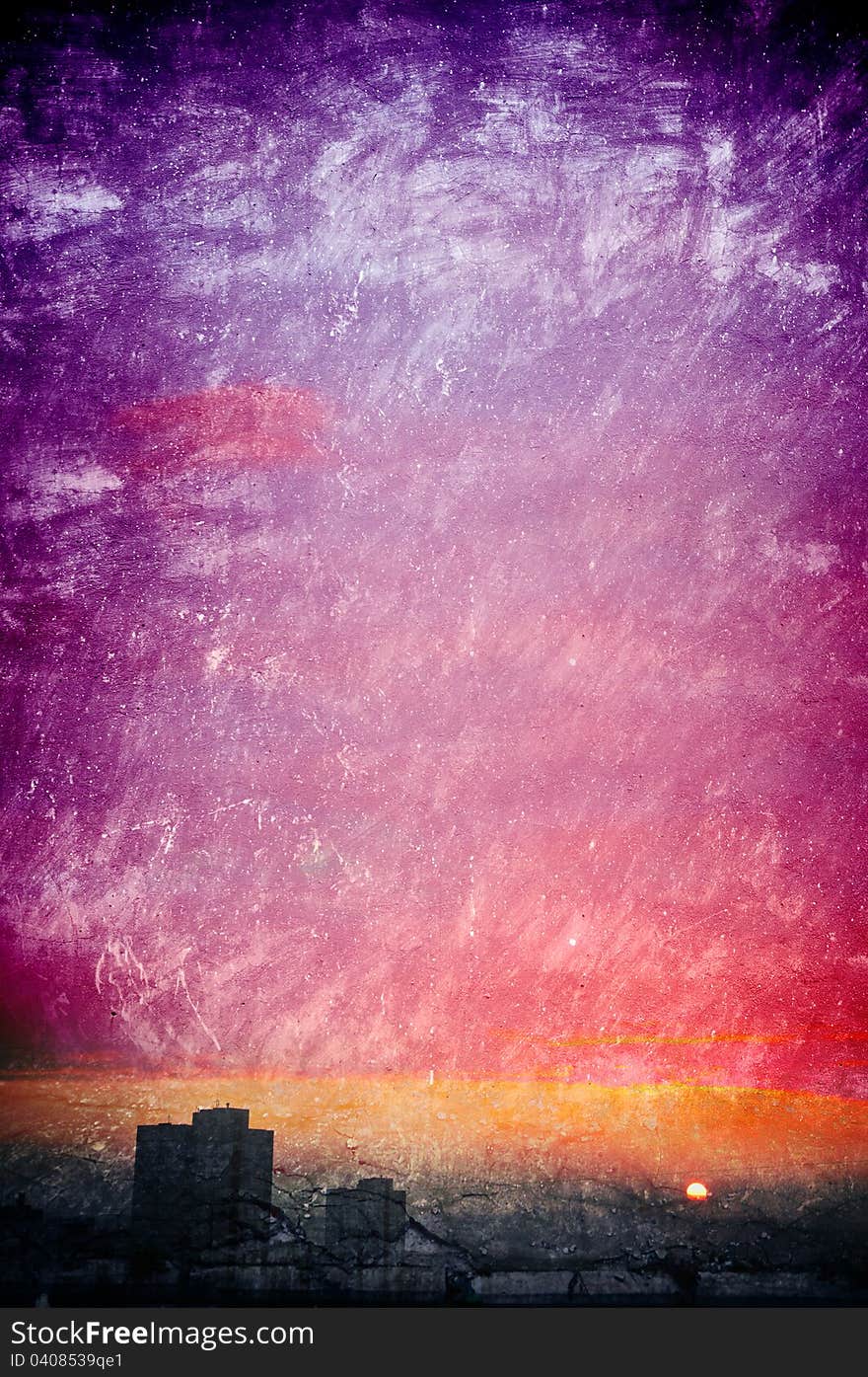 Art background in style grunge. Violet cloud on sunset.