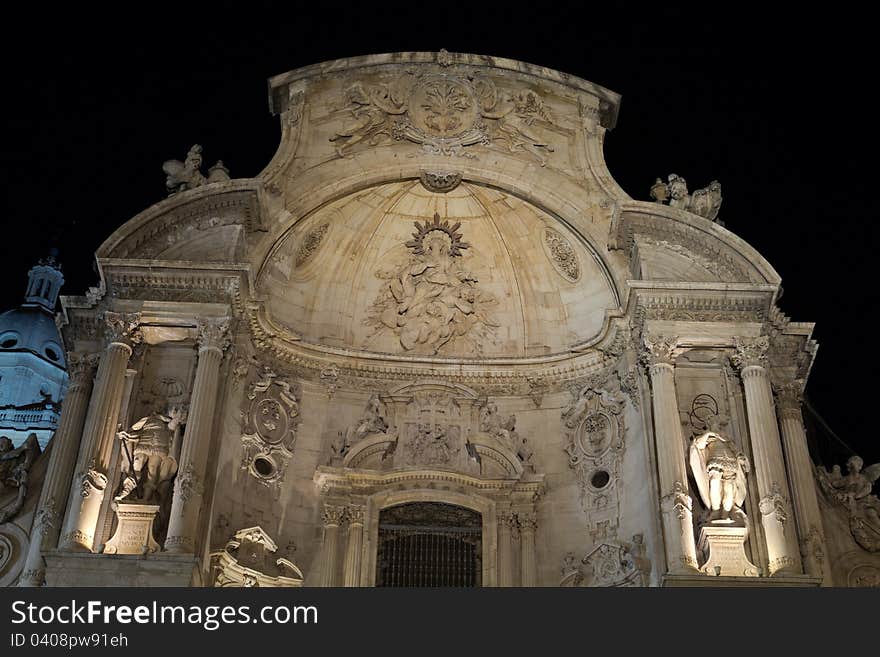 Cathedral Church of Saint Mary in Murcia at night. A mixture of gothic and baroque style. Cathedral Church of Saint Mary in Murcia at night. A mixture of gothic and baroque style.