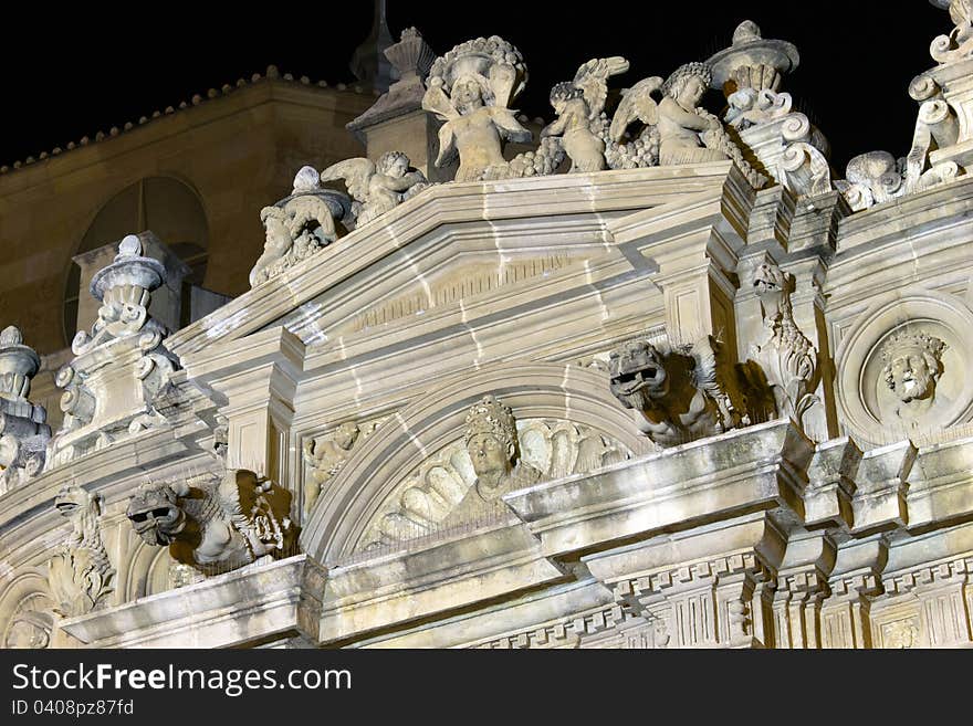 Cathedral Church of Saint Mary in Murcia at night. Closeup details. Cathedral Church of Saint Mary in Murcia at night. Closeup details.