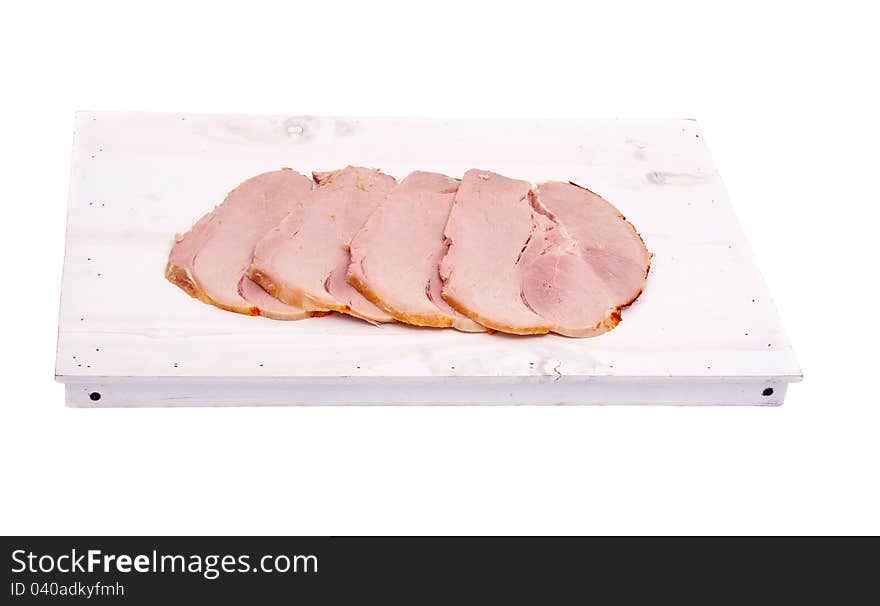 Ham Slices On White Wooden Board, Isolated