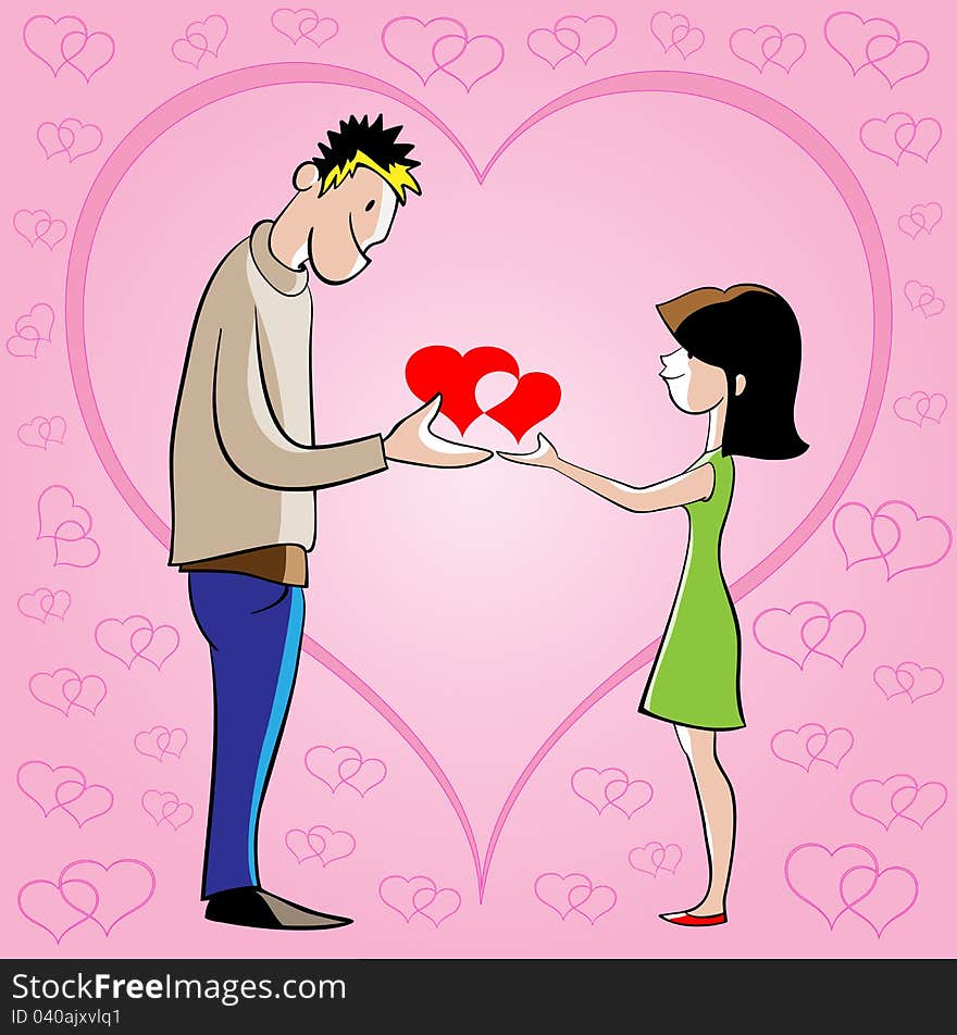 The young man and the woman give each other the hearts. The background pink, is a gradient, layers separate. The young man and the woman give each other the hearts. The background pink, is a gradient, layers separate.