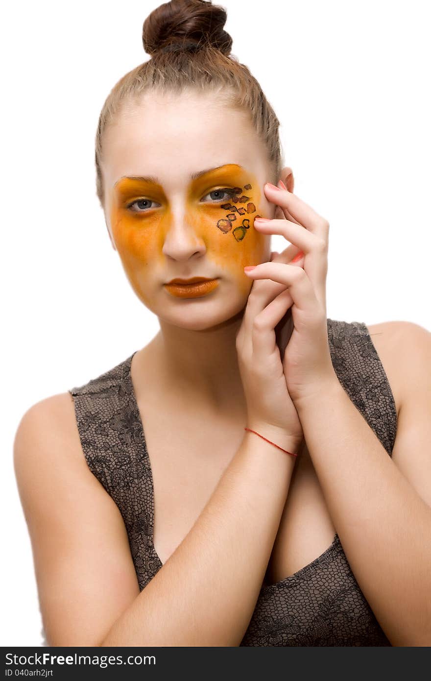 Portrait of girl in cat make-up and bodyart. Portrait of girl in cat make-up and bodyart.