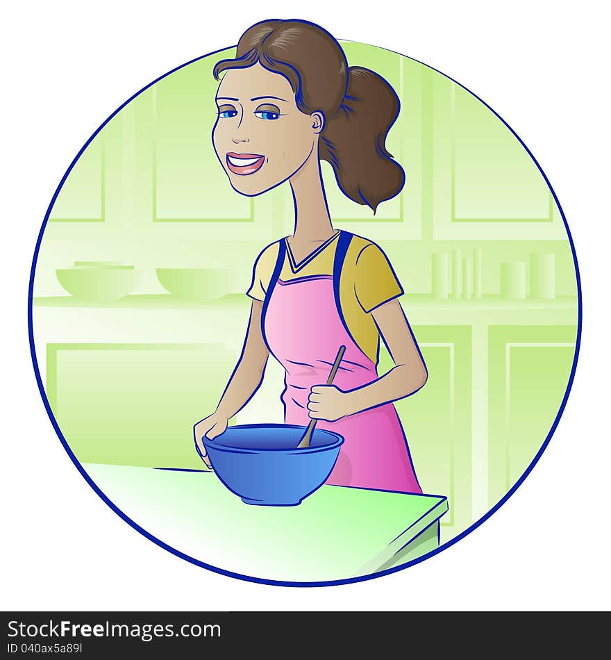 A busy woman stirs a bowl in the kitchen while cooking. A busy woman stirs a bowl in the kitchen while cooking.