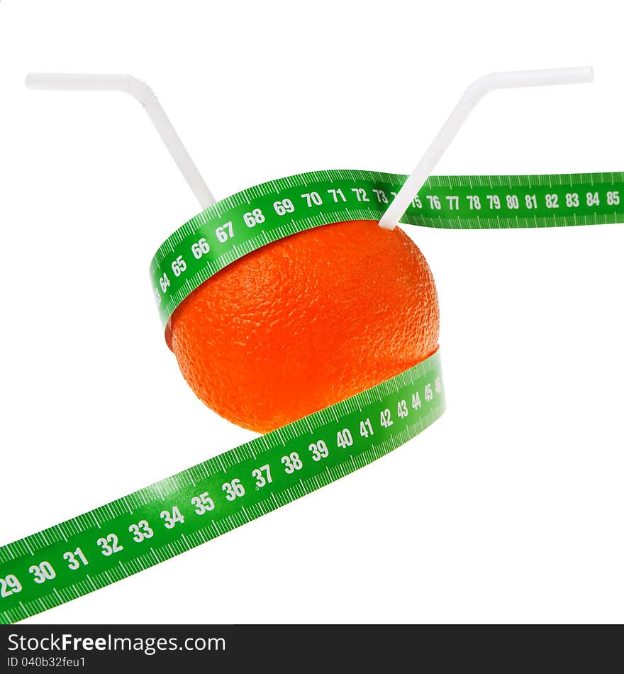 Ripe orange fruit with drinking straws and green measurement tape isolated over white background. Ripe orange fruit with drinking straws and green measurement tape isolated over white background.