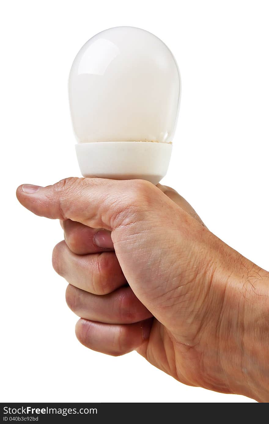 Modern electricity saving lightbulb hold by male hand over white background. Modern electricity saving lightbulb hold by male hand over white background.