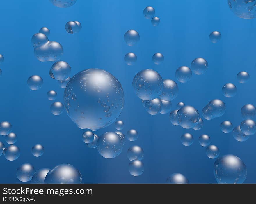 Rising air bubbles on blue water background with some rays from above. Rising air bubbles on blue water background with some rays from above