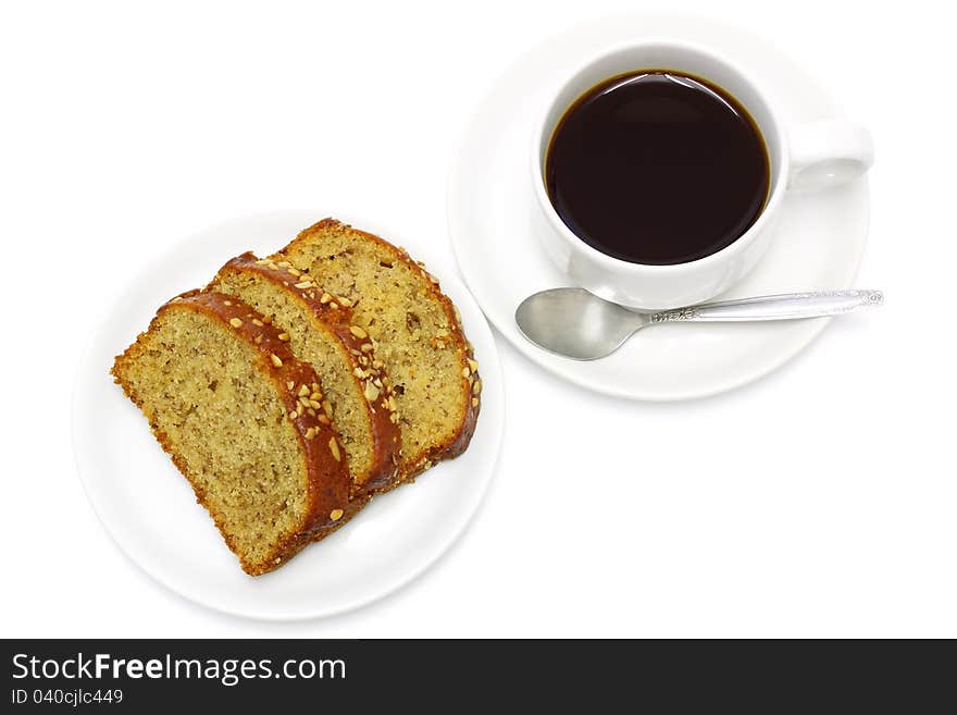 Coffee and banana bread on white background