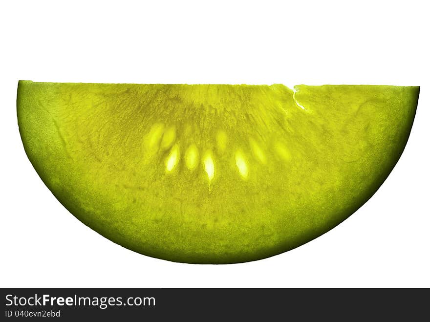 A slice of yellow watermelon isolated on a white background. A slice of yellow watermelon isolated on a white background