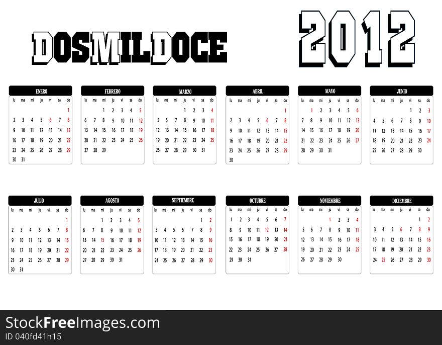 Calendar new year 2012 in Spanish. Calendar new year 2012 in Spanish