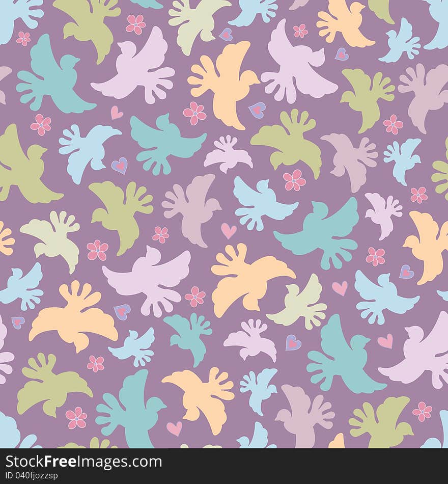 Romantic seamless pattern with multicoloured doves, flowers and hearts. Vector illustration. Romantic seamless pattern with multicoloured doves, flowers and hearts. Vector illustration