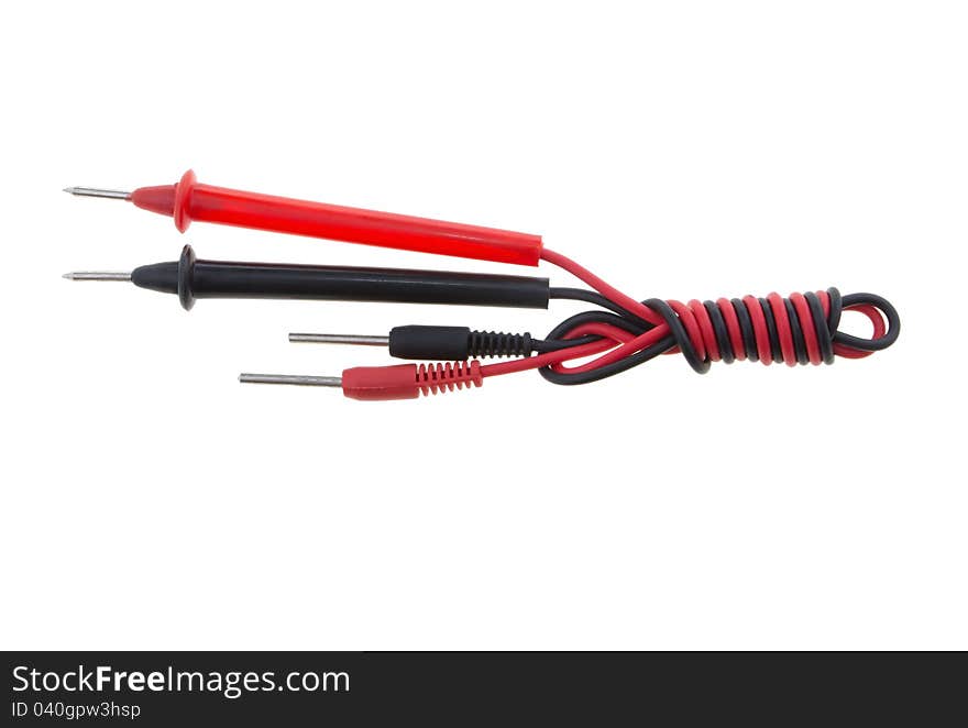 Red and black multimeter probe on a white background. Red and black multimeter probe on a white background