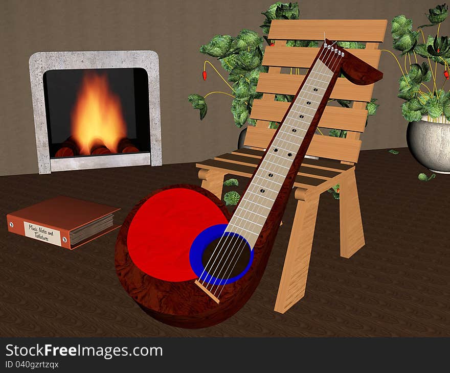 A note shaped guitar leaning on a chair beside a fire place. A note shaped guitar leaning on a chair beside a fire place