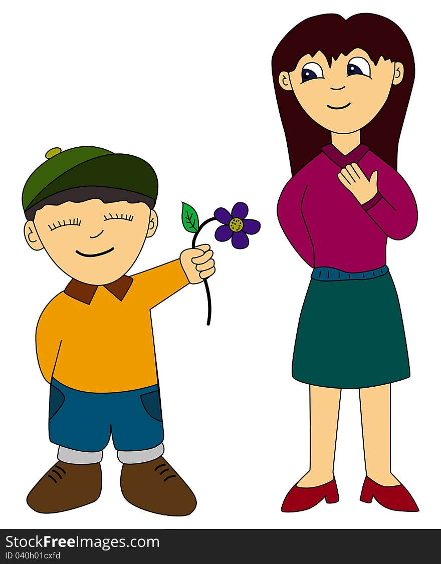 A humorous cartoon illustration of a young boy giving a flower to an older girl. A humorous cartoon illustration of a young boy giving a flower to an older girl