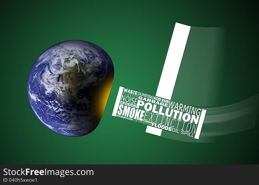 Concept image with environmental problems bombarding earth with an urgent need to conserve earth from devastation. Globe image from www.nasa.gov. Concept image with environmental problems bombarding earth with an urgent need to conserve earth from devastation. Globe image from www.nasa.gov