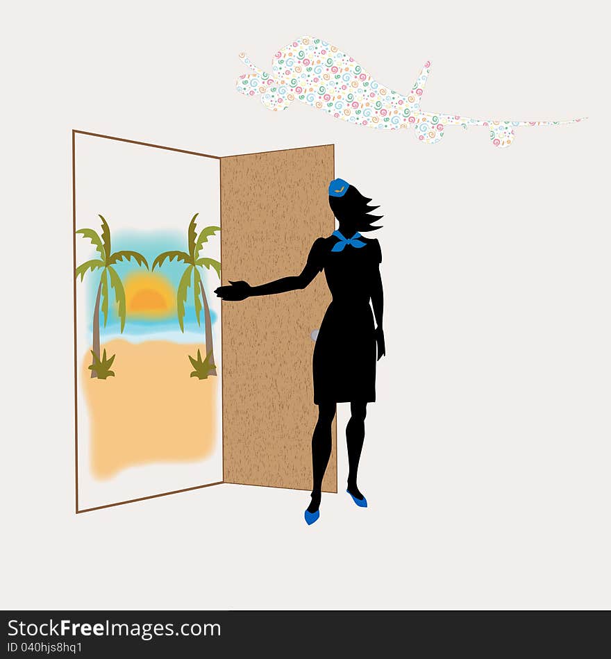 The silhouette of the stewardess specifies in an open door. Behind a door exotic island. Over the girl the plane. The silhouette of the stewardess specifies in an open door. Behind a door exotic island. Over the girl the plane