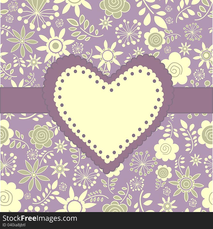 Romantic greeting card in the form of heart with floral background. Vector illustration