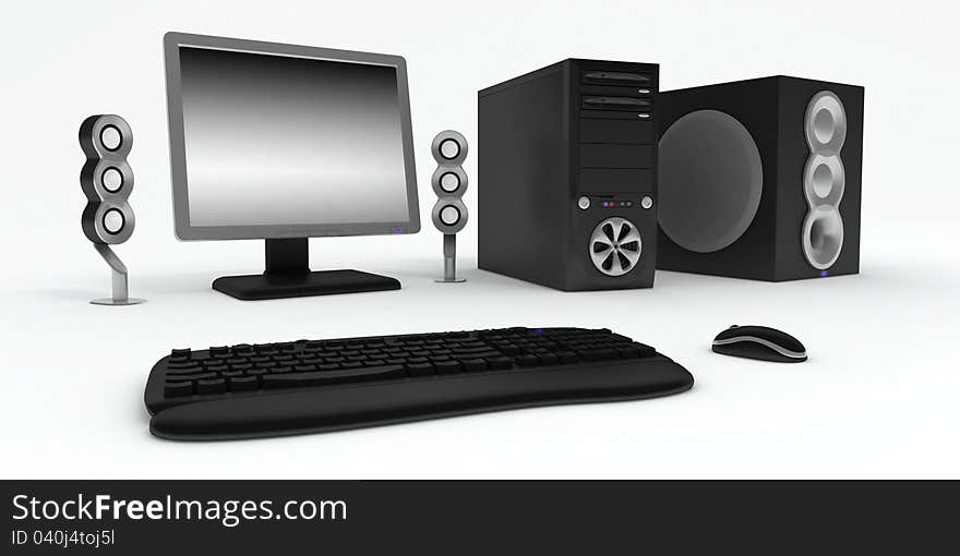 Black computer with speakers and mouse on a white background