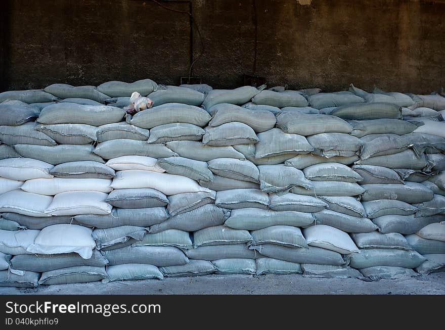 Sacks of flour in a warehouse