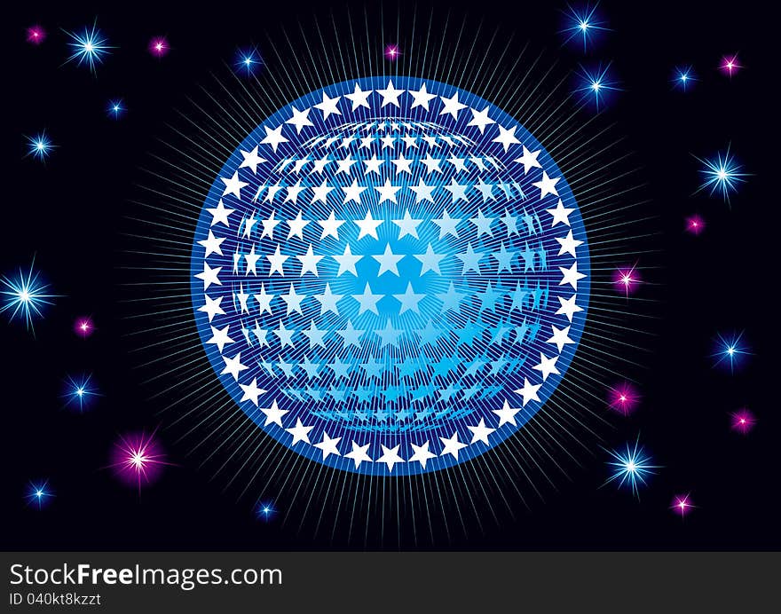 Abstract  Vector with stars sphere and fireworks on black background. Abstract  Vector with stars sphere and fireworks on black background