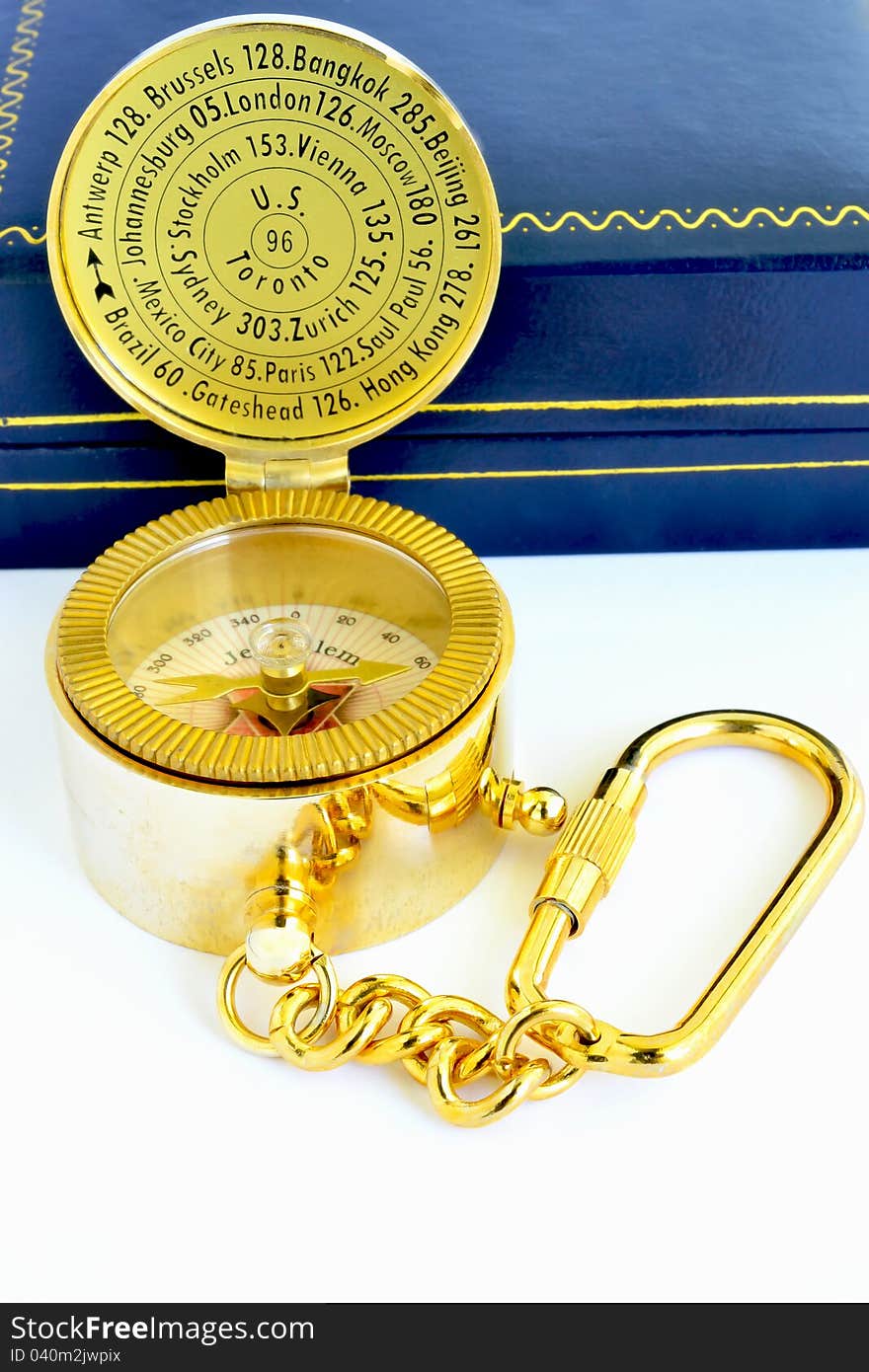 A photo of a Jerusalem compass stranding open in front of its box.