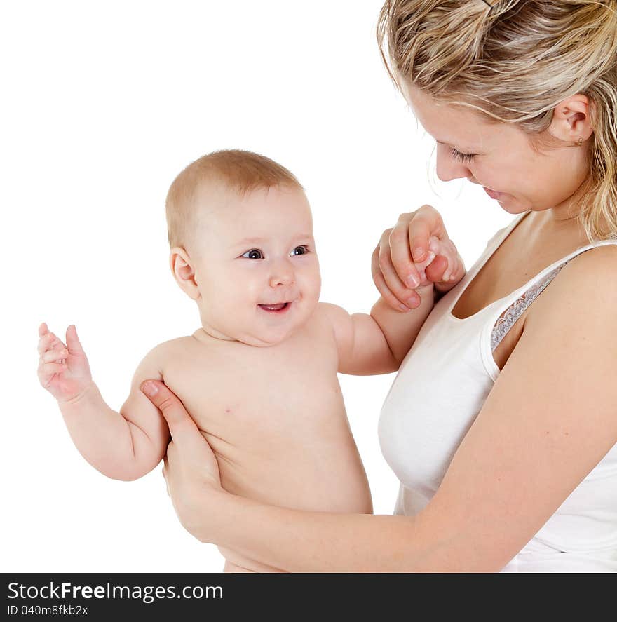 Loving mother with her child on white