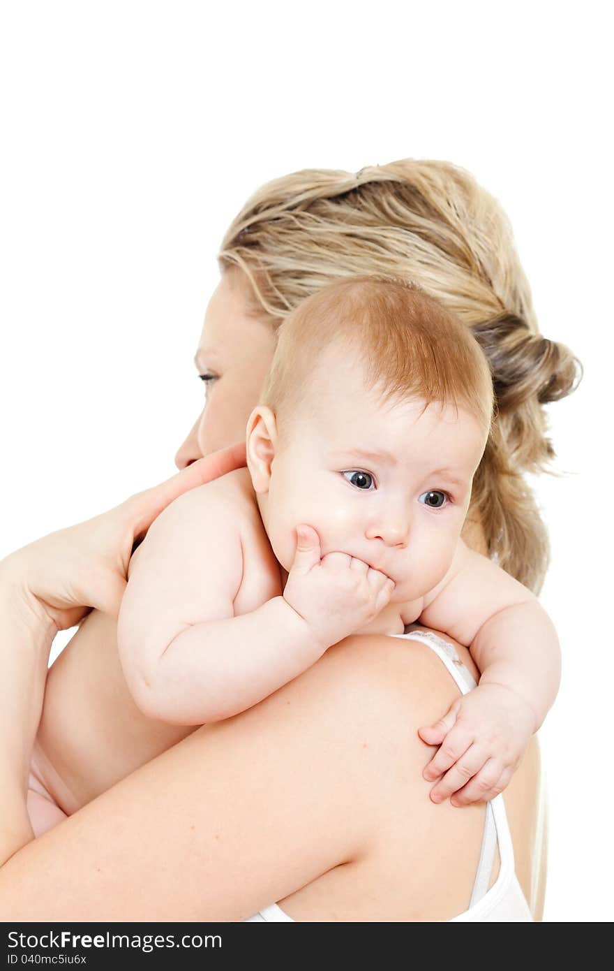 Loving mother with her child on white background